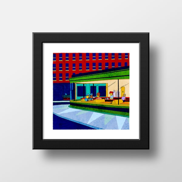 The Simpsons Nighthawk Diner Print, Scenic Simpsons Edward Hopper Nighthawks Parody, Poster Watercolor Illustration Print Wall Art | 21x21cm