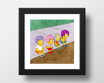 May include: A square black frame containing a cartoon illustration of four yellow-skinned characters with distinct hairstyles sitting on a sidewalk curb. The characters wear colorful shirts, shorts, and shoes, set against a green and brown background.
