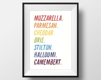 Rainbow print for kitchen, pasta, coffee, tea, roast potatoes, cheese, A4 typography print