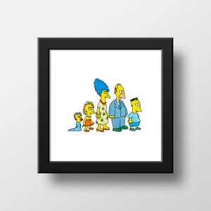 May include: A framed print of a cartoon family. The characters are drawn in a vibrant, animated style, with yellow skin and distinctive hairstyles. The family is lined up, each member wearing unique clothing.