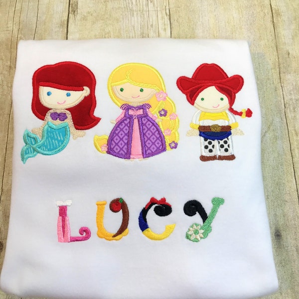 YOUR CHOICE Of 3 Appliqued Cuties with Princess Inspired Letters Personalized Embroidered Shirt