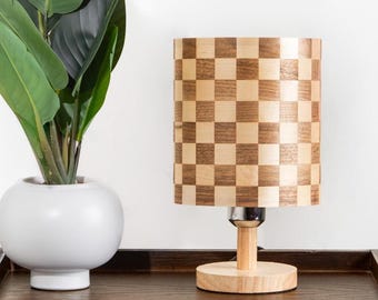 Modern Checkered Table Lamp with a Brown and Beige Wooden Light Shade and Wood Lamp Base, Living Room Bedroom Office Accent Lighting