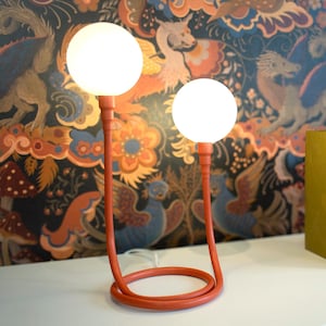 Red Dimmable Mushroom Table Lamp, Modern Quirky Copper Pipe Inudstrial Lighting with Two Glass Light Shades, Living Room Bedroom Home Decor