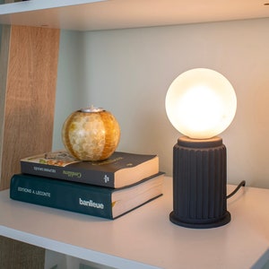 Black Adeera | Small dimmable black table lamp with a glass light shade, modern round bedside lamp, Scandi lamp, modern desk lamp