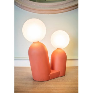Large standing table lamp in terracotta orange colour, dimmable mushroom lamp with two glass light shades