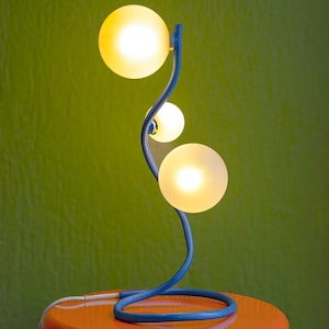 Blue Flora | Large Sculptural Standing Figure Flower Table Lamp, Modern Eclectic Pipe Lamp with Three Glass Light Shades and Dimmer Switch