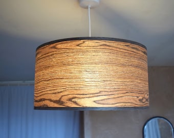 Extra large 40 cm Walnut pendant lampshade, wooden ceiling veneer drum light shade with matching cord cable ceiling cover plate, set of 3