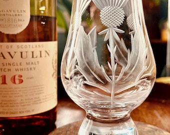 Vaso de whisky escocés con diseño de cardo grabado de Glencairn, juego de degustación de whisky, copa de whisky, bourbon, artículos de bar escoceses, regalo para el hogar