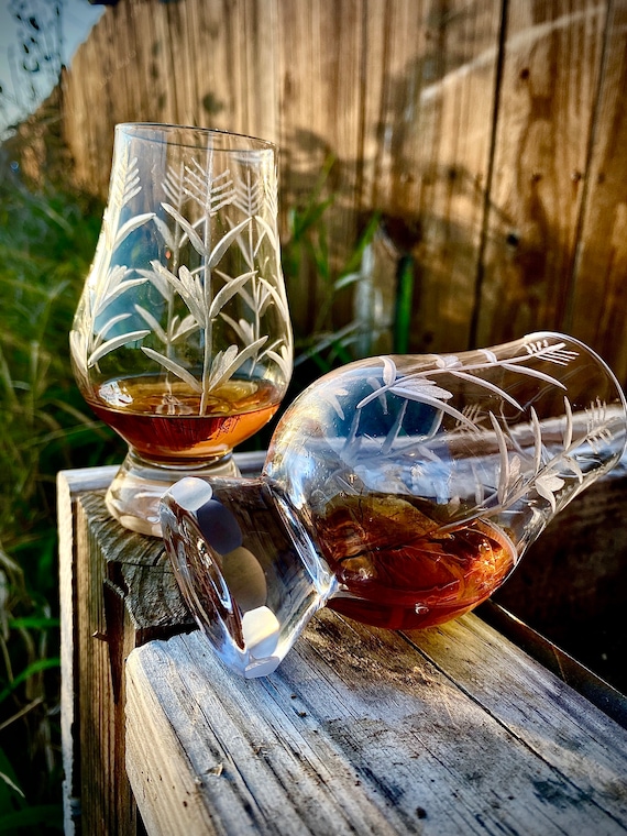 Etched Glencairn Glass, Whiskey Tasting Glass, Hand Engraved, Corn