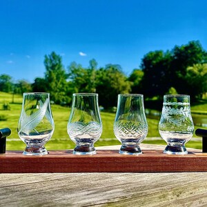 Whiskey Tasting Set Mini Glencairn Glass Collection Hand Engraved Designs Unique Pattern Glasses Premium Spirits Experience Bourbon Scotch Whisky Sampling Flight Board Walnut Wood Base Handcrafted Bar Accessory Perfect Gift Whiskey