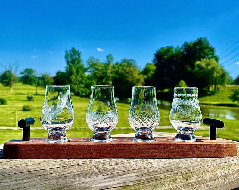 Whiskey Tasting Set Mini Glencairn Glass Collection Hand Engraved Designs Unique Pattern Glasses Premium Spirits Experience Bourbon Scotch Whisky Sampling Flight Board Walnut Wood Base Handcrafted Bar Accessory Perfect Gift Whiskey