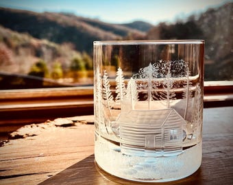 Gift for Airbnb Host Cocktail Glass Cabin Design Whiskey Tumbler with Forest Scene