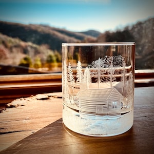 Cabin Whiskey Glass Bourbon Gift For Him Old Fashioned Glass Rustic Unique Gift for Dad Handmade Gift for Husband Hunting Nature Home bar