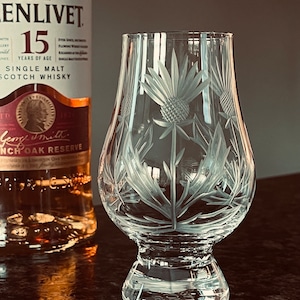 Glencairn Glass Thistle Pattern Scotch Glass Unique Gift Hand Engraved Nosing Snifter for Whisky Lover Tasting Flight Scottish Gift Scotland