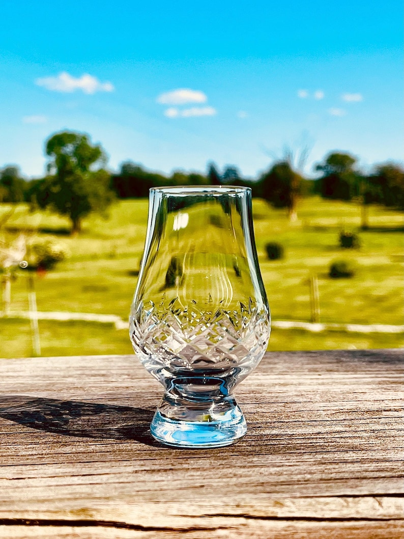 Premium Spirits Gift Whiskey Tasting Collection Hand Cut Glencairn Glasses Unique Engraved Patterns Bourbon Scotch Sampling Set Flight Board Walnut Wood Base Perfect Present Whiskey Enthusiast Father Day Gift Anniversary Present Handcrafted