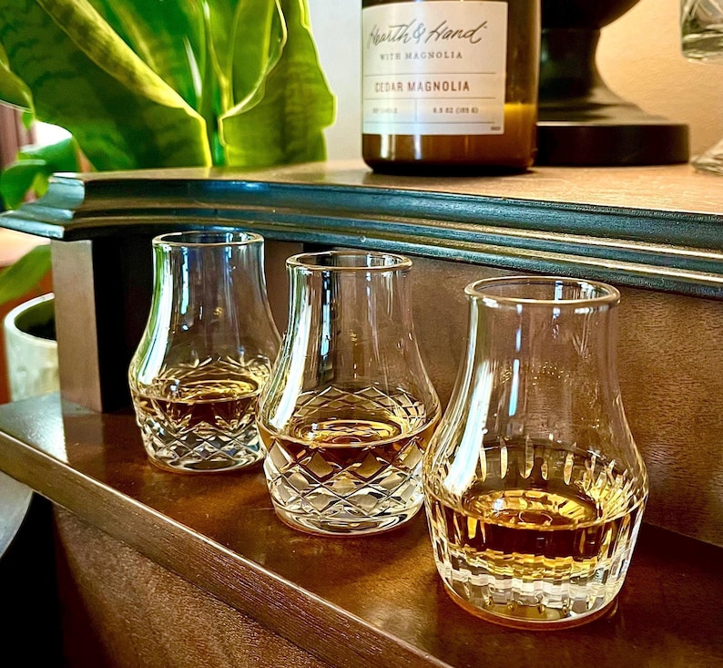 Whiskey Tasting Set Mini Glencairn Glasses Hand Engraved Stone Wheel Design Premium Whisky Collection Scotch Bourbon Irish Sampling Experience Artisan Crafted Unique Gift Whiskey Enthusiast Perfect Present Special Occasion Luxury Barware