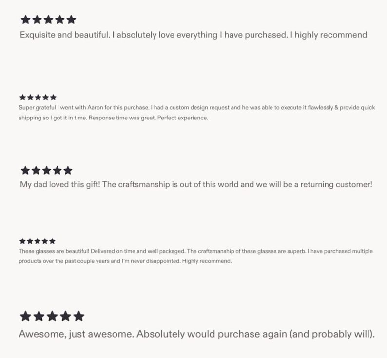 Puede incluir: Un fondo beige claro con rese&ntilde;as de clientes y valoraciones por estrellas. Las rese&ntilde;as destacan la calidad del producto y el excelente servicio del vendedor. Se ven frases como "Exquisito y hermoso" y "Impresionante, simplemente impresionante".