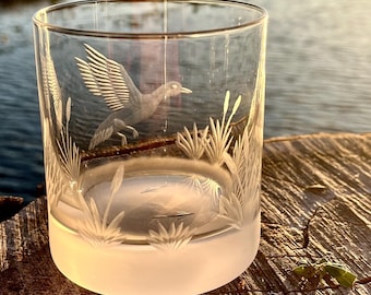 Hand Engraved Mallard Whiskey Glass: Wetland Scene Bourbon Tumbler