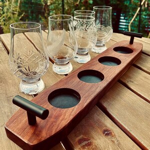 Walnut Whiskey Board Handmade Flight Tray Elegant Bourbon Display Scotch Tasting Set Premium Bar Accessory Leather Insert Feature Metal Handle Design Quality Wood Construction Glencairn Glass Holder Perfect Gift Idea Home Bar Essential