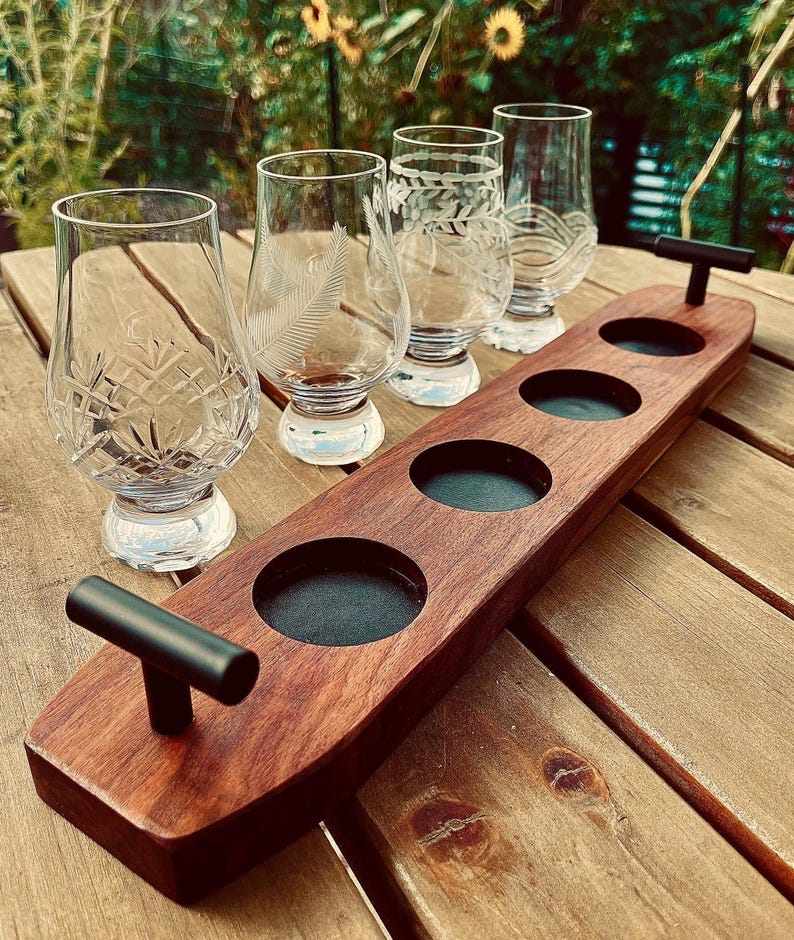 Walnut Whiskey Board Handmade Flight Tray Elegant Bourbon Display Scotch Tasting Set Premium Bar Accessory Leather Insert Feature Metal Handle Design Quality Wood Construction Glencairn Glass Holder Perfect Gift Idea Home Bar Essential