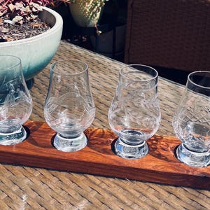 Premium Bourbon Flight Board Handcrafted Whiskey Tasting Tray Walnut Wood Construction Leather Insert Design Glencairn Glass Display Elegant Home Bar Accessory Perfect Gift Idea Whiskey Enthusiast Present Contemporary Metal Handles Secure