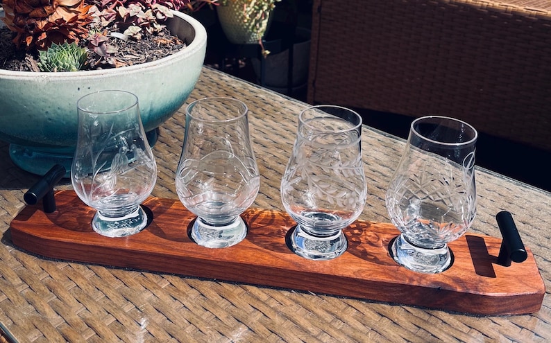 Premium Bourbon Flight Board Handcrafted Whiskey Tasting Tray Walnut Wood Construction Leather Insert Design Glencairn Glass Display Elegant Home Bar Accessory Perfect Gift Idea Whiskey Enthusiast Present Contemporary Metal Handles Secure