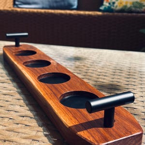 Whiskey Flight Board Premium Walnut Construction Handmade Tasting Tray Elegant Glass Display Leather Insert Feature Contemporary Metal Handles Bar Accessory Design Perfect Gift Idea Bourbon Lover Present Home Bar Essential Quality