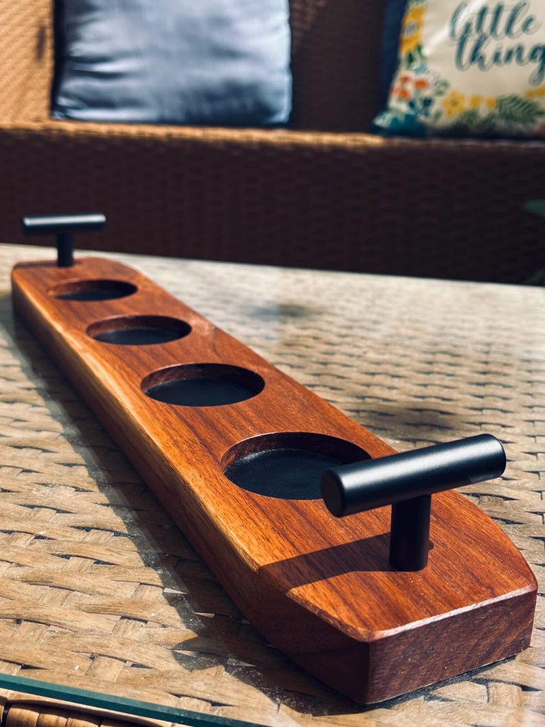 Whiskey Flight Board Premium Walnut Construction Handmade Tasting Tray Elegant Glass Display Leather Insert Feature Contemporary Metal Handles Bar Accessory Design Perfect Gift Idea Bourbon Lover Present Home Bar Essential Quality