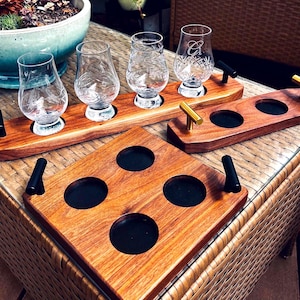 Handmade Whiskey Tasting Board Walnut Flight Tray Premium Bourbon Display Stand Leather Insert Glass Holder Scotch Serving Set Contemporary Design Metal Handles Bar Accessory Elegant Presentation Glencairn Glass Collection Home