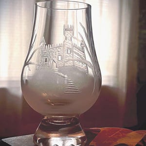 Glencairn Glass Castle Pattern Scotch Glass Unique Halloween Gift Hand Engraved Nosing Snifter Whisky Bourbon Tasting Flight Scottish Gift