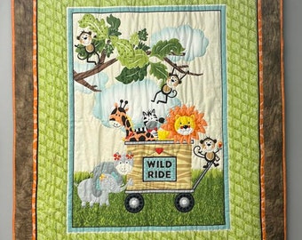 Wild Ride - Dieren in Wagon - Quilt - 37" inch x 47" inch - Hand gewatteerd - Polyester batting