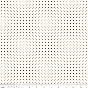 May include: White fabric with a black polka dot pattern. The dots are evenly spaced and create a subtle, classic design.