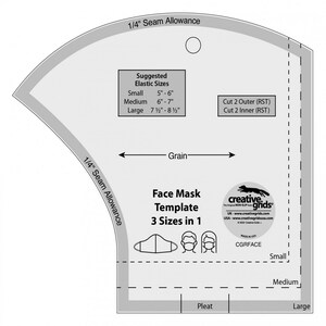 May include: A black and white face mask sewing template with instructions for cutting out two outer and two inner pieces. The template includes three sizes: small, medium, and large. The template is designed for use with 1/4 inch seam allowance. The template is from Creative Grids.