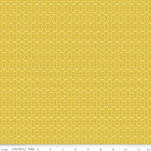 May include: A yellow fabric with a white honeycomb pattern. The fabric is 14 inches wide and has a repeating pattern of hexagons.