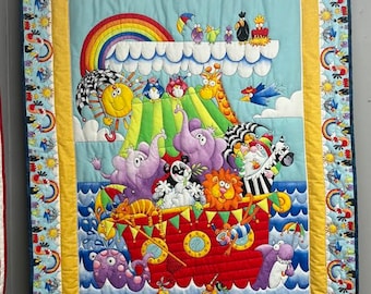 Boot vol dieren - Regenboog - Quilt - 37" inch x 48" inch - Hand gewatteerd - Polyester batting