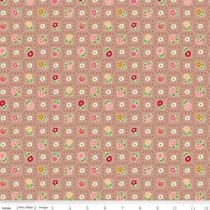 May include: A brown fabric with a repeating pattern of small pink, red, yellow, and white flowers in a grid pattern. The flowers are outlined in white and have green stems.