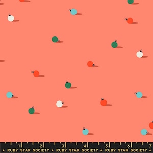 May include: A seamless pattern featuring a variety of Christmas ornaments on a coral background. The ornaments are red, white, green, and blue.