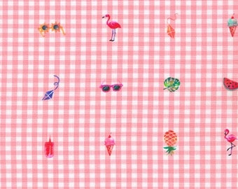 CAROLINA SHORE PRINTS - Gingham with Summer Icons - Pink - Robert Kaufman - Quilting Cotton Fabric - 20469-10