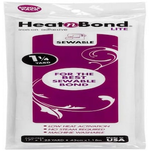May include: A single pack of Heat'n Bond Lite sewable iron-on adhesive in white, with a pink and white floral design. The package contains 1 1/4 yards (1.15 meters) of adhesive. It is acid-free, low heat activation, no steam required, and machine washable.