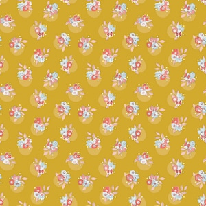 May include: A seamless pattern featuring small bouquets of pink, blue, and white flowers on a mustard yellow background. The flowers are arranged in a repeating pattern within circles.