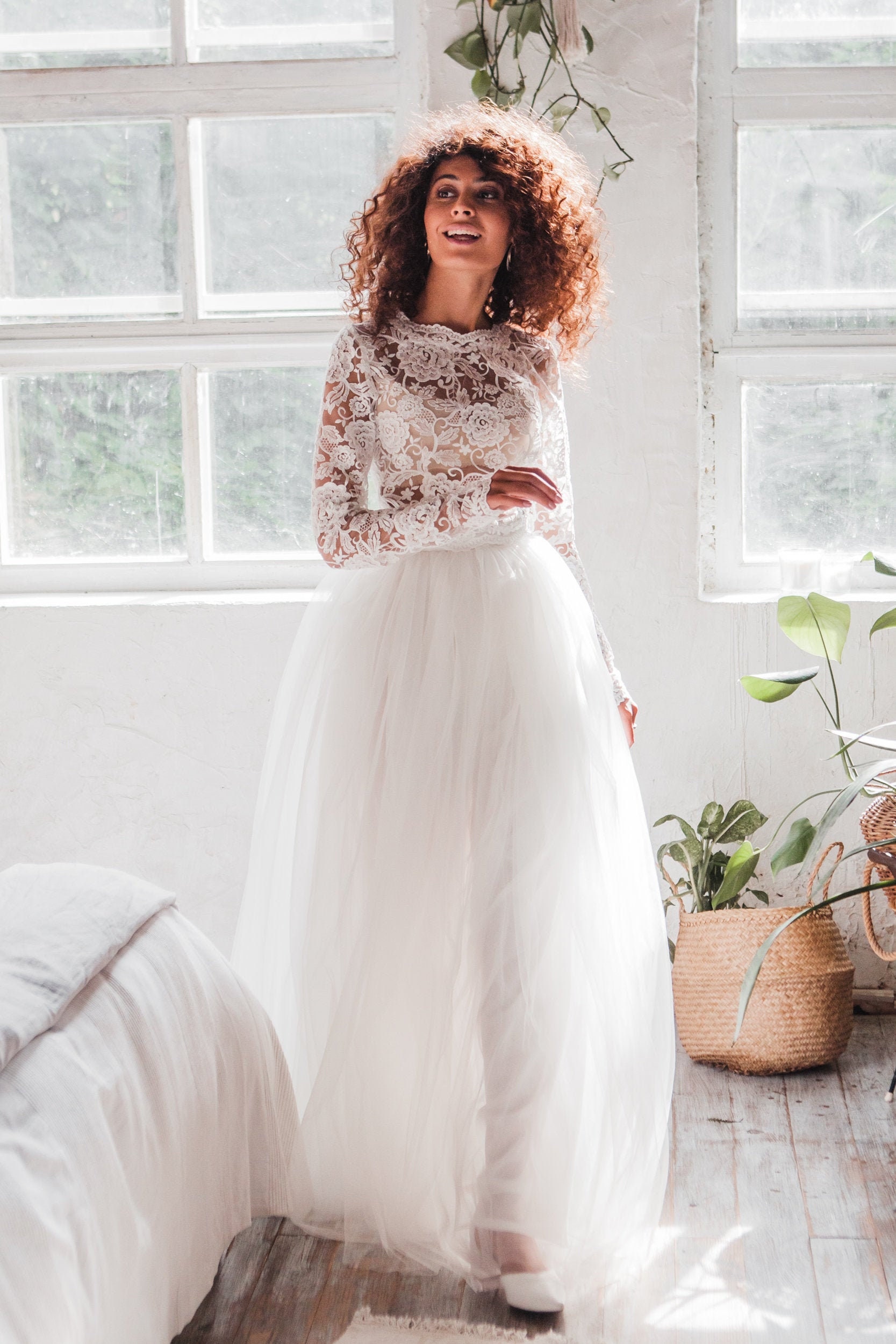 Long Sleeves Lace Tulle Wedding Dresses, Two Pieces Fashion Wedding Dresses Long Sleeves Lace Tulle Wedding Dresses, Two Pieces Fashion Wedding Dresses