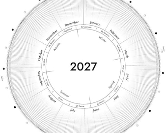 May include: A circular 2027 calendar chart featuring a central year display surrounded by concentric rings. It includes months, seasons, and zodiac signs arranged radially, with fine lines marking individual days and lunar phases.