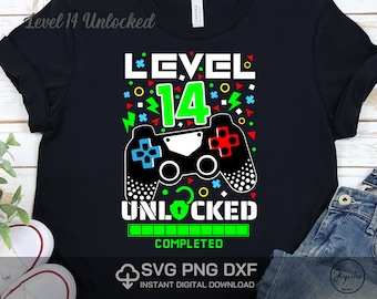 Nivel 14 desbloqueado Svg 14 cumpleaños niño jugador Svg PNG Dxf Alta resolución Descarga instantánea Archivos digitales