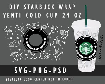 Può includere: Un design in bianco e nero con i segni zodiacali e le stelle per un bicchiere freddo da 24 once. Il design include il testo "Zodiac Coffee" e un logo Starbucks. Il design è per un involucro per bicchiere Starbucks fai-da-te.