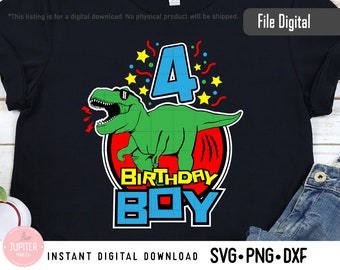 May include: A blue and green dinosaur wearing sunglasses with the number 4 and the words "Birthday Boy" in a red, yellow, and blue circle.