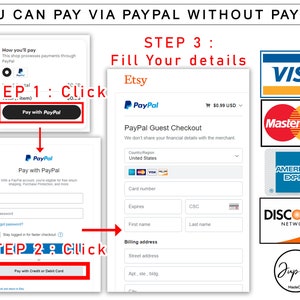 May include: A graphic illustrating how to pay for an Etsy purchase using PayPal. The graphic outlines three steps: 1. Click "Pay with PayPal", 2. Click "Pay with Credit or Debit Card", and 3. Fill in your details on the PayPal Guest Checkout page. The graphic also displays logos for Visa, Mastercard, American Express, Discover, and Jupiter MadeCo.