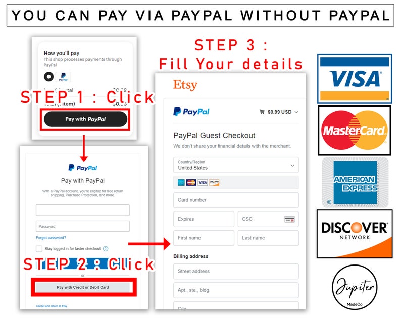 May include: A graphic illustrating how to pay for an Etsy purchase using PayPal. The graphic outlines three steps: 1. Click "Pay with PayPal", 2. Click "Pay with Credit or Debit Card", and 3. Fill in your details on the PayPal Guest Checkout page. The graphic also displays logos for Visa, Mastercard, American Express, Discover, and Jupiter MadeCo.