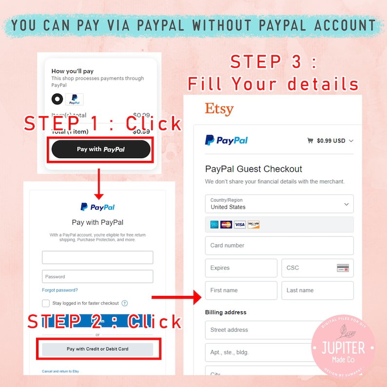 May include: A guide for paying via PayPal on Etsy without a PayPal account. The image shows the steps: click "Pay with PayPal", then "Pay with Credit or Debit Card", and finally, fill in details. The text includes "PayPal Guest Checkout".