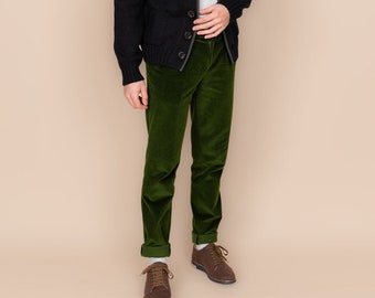 Green Handcrafted Organic Cotton Corduroy Trousers | Men's Sustainable Fashion | Double-Pleated Pants for Autumn-Winter