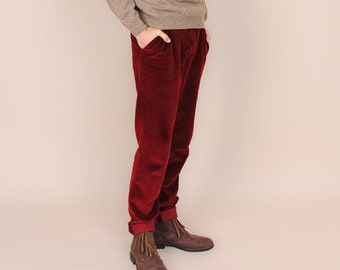 Red Handcrafted Organic Cotton Corduroy Trousers | Men's Sustainable Fashion | Double-Pleated Pants for Autumn-Winter